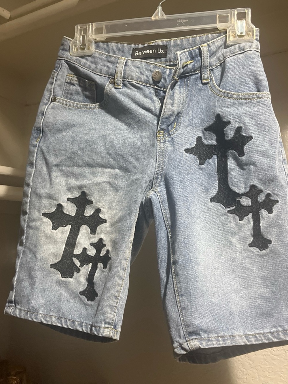Light Blue Denim Men's Shorts with Black Cross Appliqué